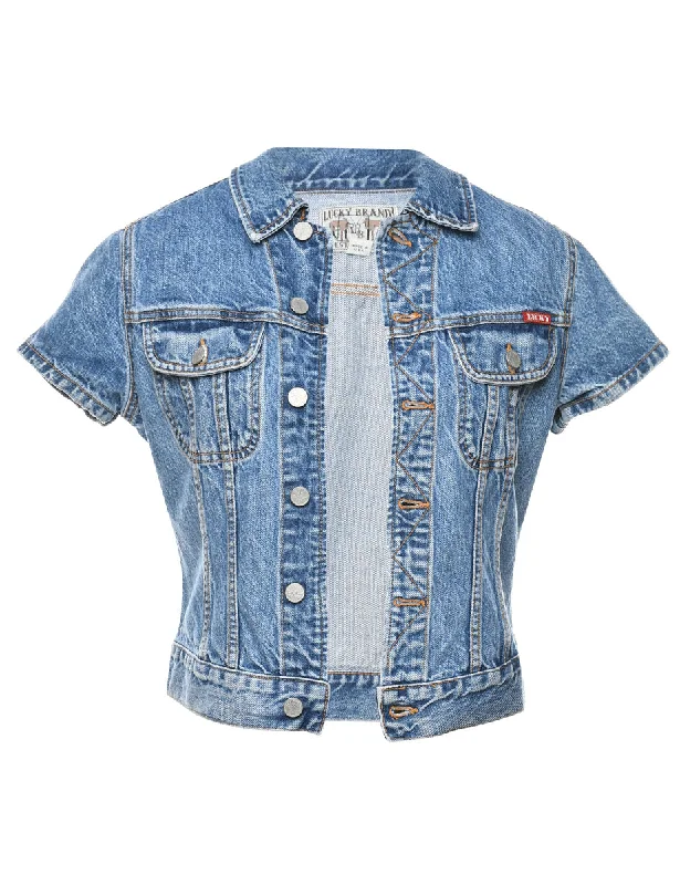 Cropped Light Wash Sleeveless Denim Jacket - M Herringbone Jacket Houndstooth Jacket Plaid Jacket