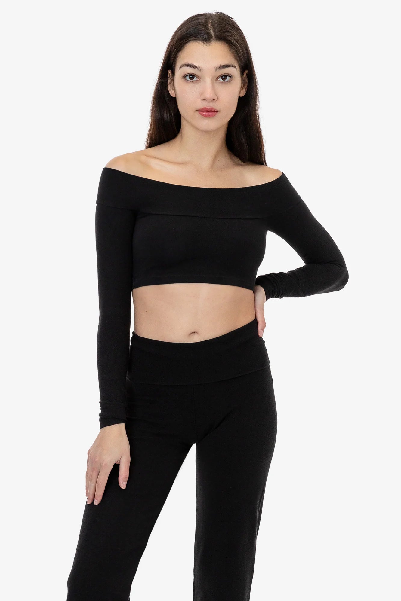 83074GD - Cotton Spandex Long Sleeve Off Shoulder Crop Top Fleece Nylon Spandex