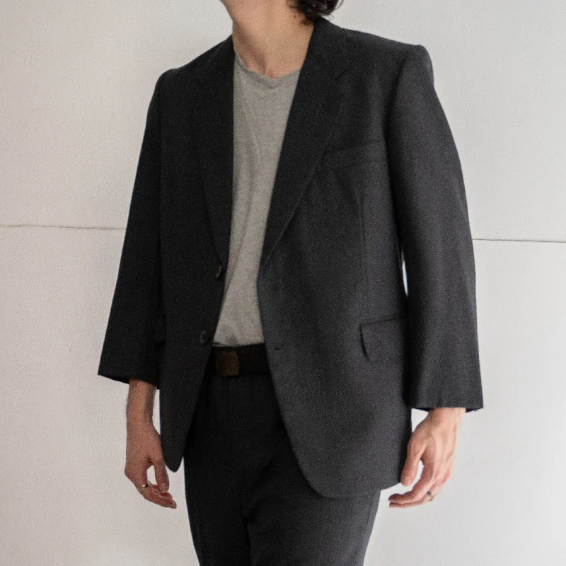 around 1980s Japan vintage dark gray color striped wool tailored jacket -light weight- Insulated Jacket Fitted Jacket Loose Jacket