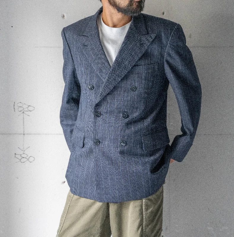 1970-80s Japan vintage navy × blue wool double breasted tailored jacket 'unusual pattern' Jersey Jacket Tulle Jacket Batik Jacket