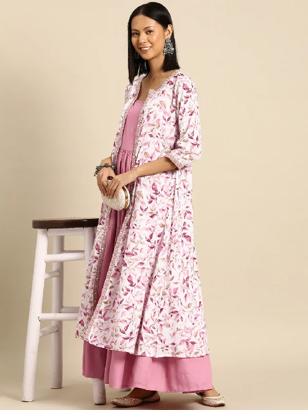 Women's Pink Embroidered Flared Dress With Prinrted Jacket - Nayo Clothing Collared Jacket Crew Neck Jacket Turtle Neck Jacket