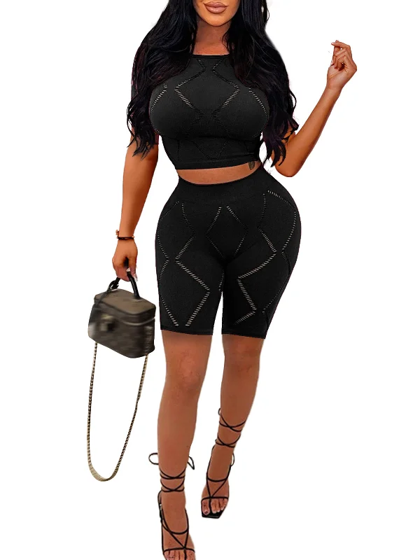 Two Piece Hollow Out Crop Tops & Short Pant Boxy Fit Fitted Loose