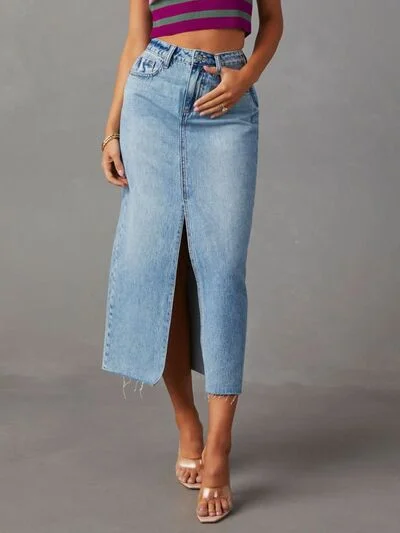 Raw Hem Front Slit Denim Midi Skirt tulle skirt dreamy