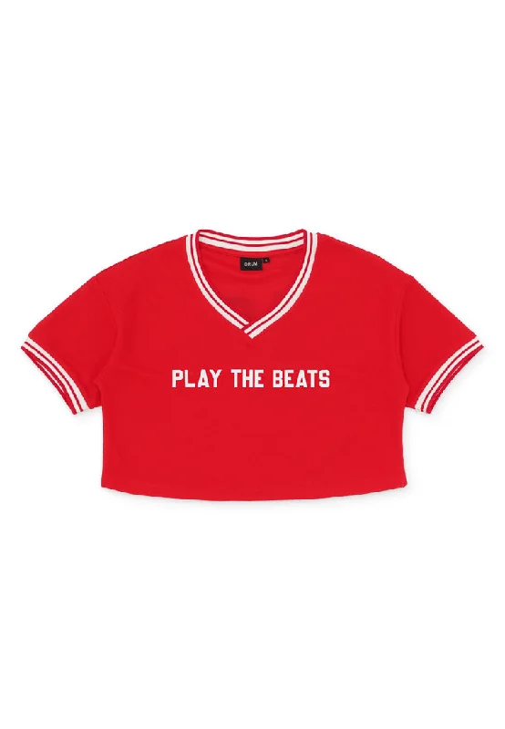 DRUM Select Slogan Jersey Crop Top- Red Embroidered Appliqued Beaded