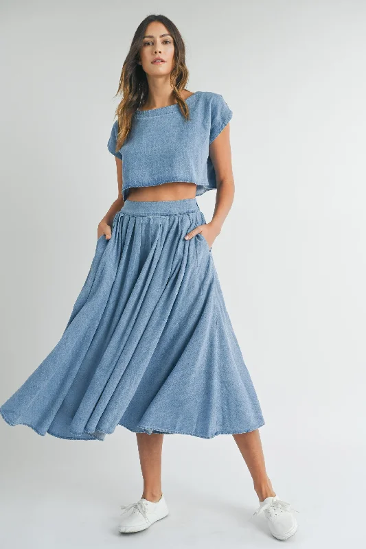 The Santorini Denim Crop Top + Midi Skirt Set - Sold Separately Welt Pockets Slit Pockets Flap Pockets