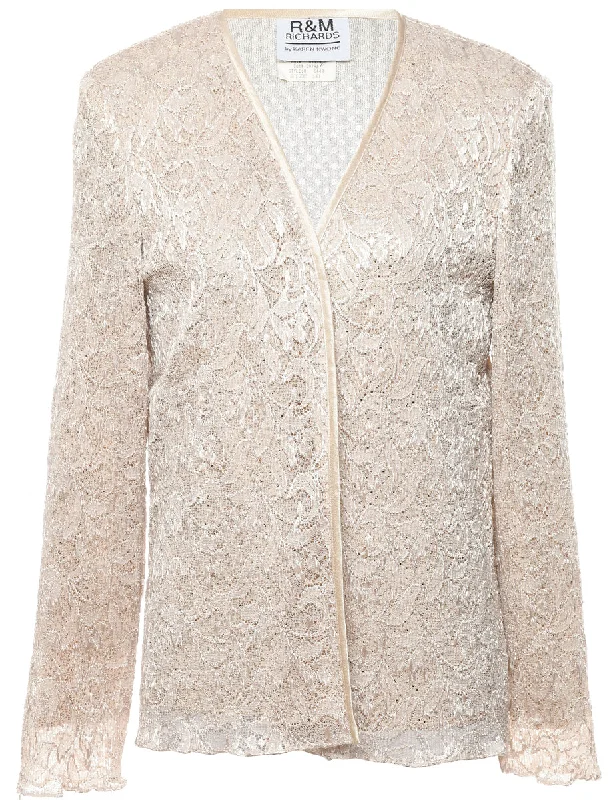 Beige Lace Evening Jacket - M Welt Pockets Slit Pockets Flap Pockets