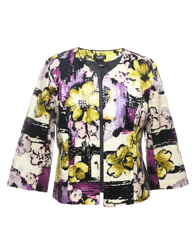 Floral Pattern Purple & Yellow Sparkly Evening Jacket - L Denim Jacket Leather Jacket Suede Jacket