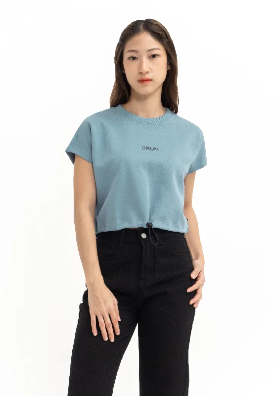 DRUM SELECT Women Drawstring Crop Top- Blue Solid Print Embellished