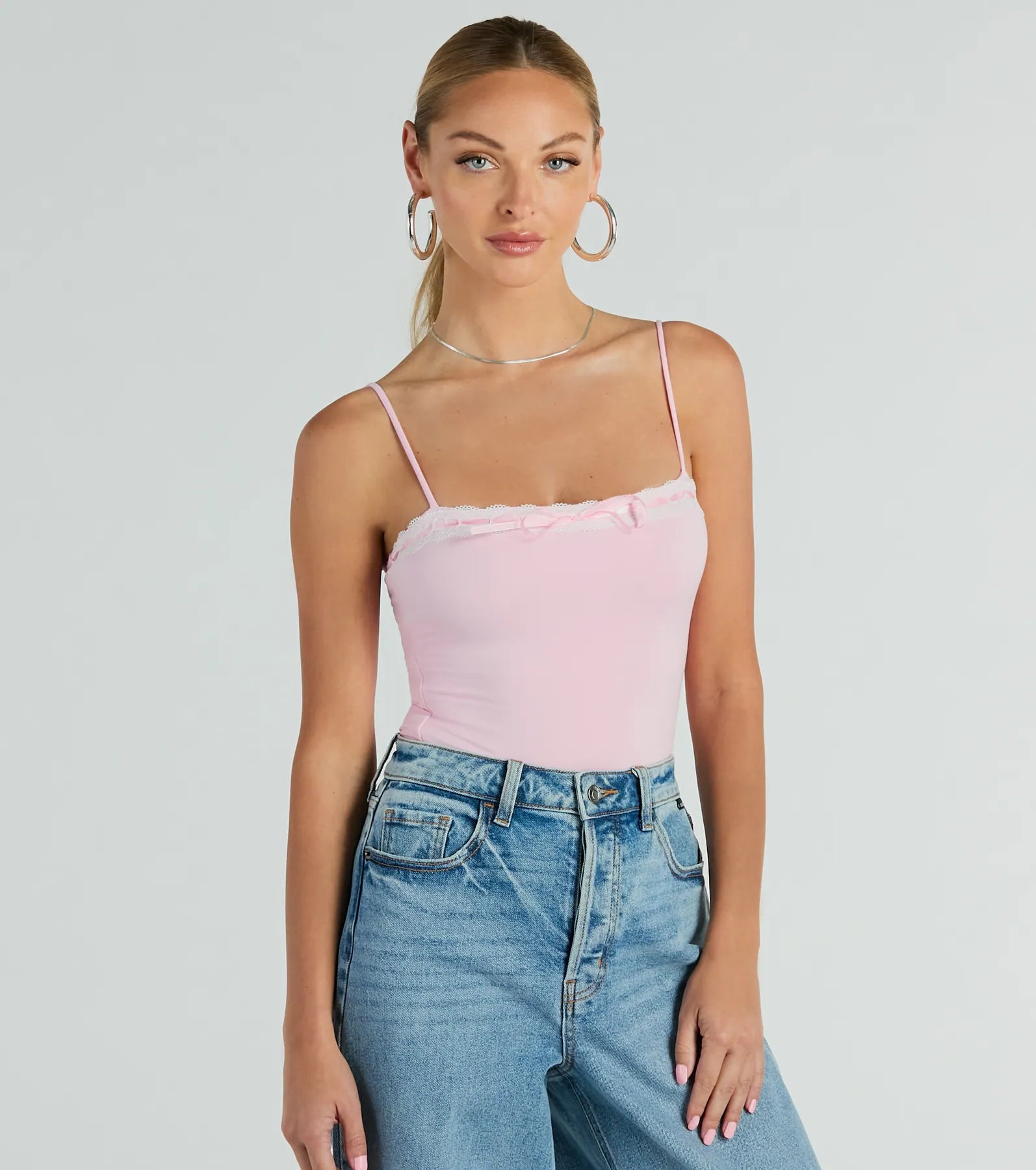 Darling Sass Sleeveless Lace Trim Bow Bodysuit Stylish Bodysuit with Peplum