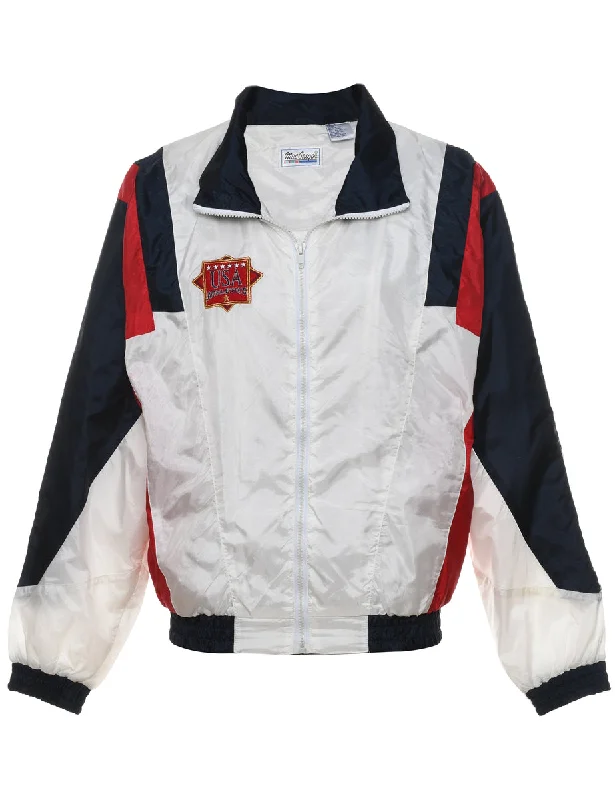 White, Red & Navy U.S.A Design Nylon Jacket - S Boat Neck Shawl Collar Notched Collar