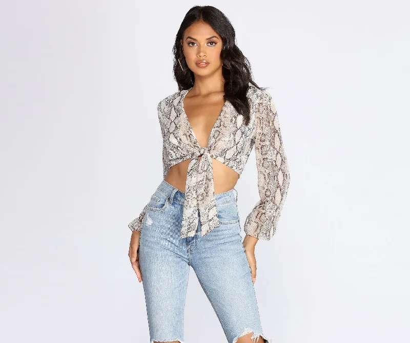 Snake Print Long Sleeve Crop Top Print Jacquard Patchwork
