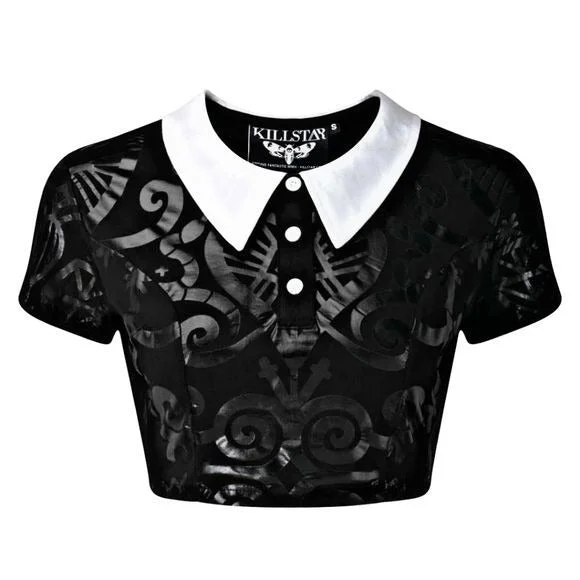 Cropped Polo | Voodoo Crop Top | Spells & Symbols Black White-Collar Hooded Caped Shawl Collar