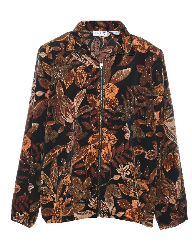 Floral Pattern Black & Orange Jacket - M Cotton Jacket Linen Jacket Terry Jacket