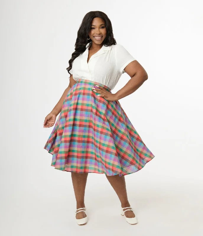Magnolia Place Plus Size 1950s Multicolor Madras Plaid Cotton Sally Swing Skirt belted skirt waist