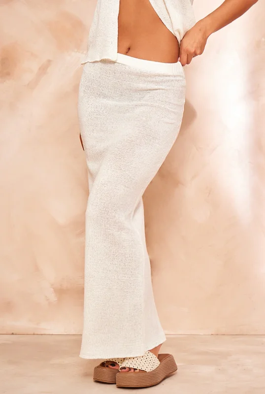 White Sheer Textured Knit Low Rise Maxi Skirt velvet skirt luxurious