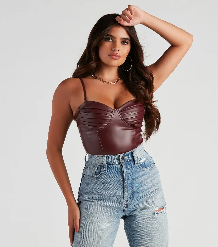 Press Pause Faux Leather Corset Bodysuit Elegant Lace Bodysuit for Evening
