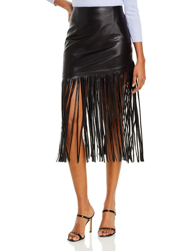 Womens Vegan Leather Fringe Midi Skirt linen skirt light