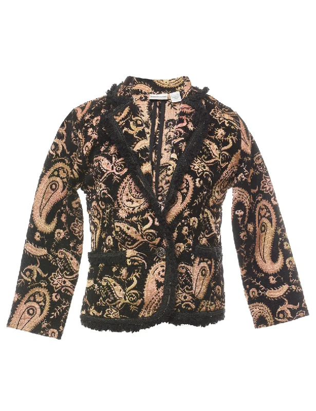 Paisley Pattern Beige & Black Metallic Tapestry Jacket - S Tiered Jacket Buttoned Jacket Zippered Jacket