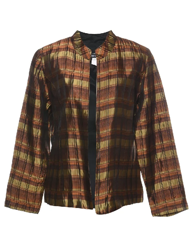 MSK Checked Brown & Green Metallic Evening Jacket - L Wool Fabric Cashmere Fabric Tweed Fabric