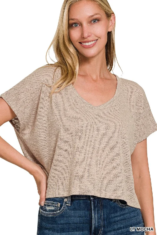 V-NECK DROP SHOULDER SHORT SLEEVE CROP TOP in LIGHT MOCHA Collared Crew Neck Turtle Neck