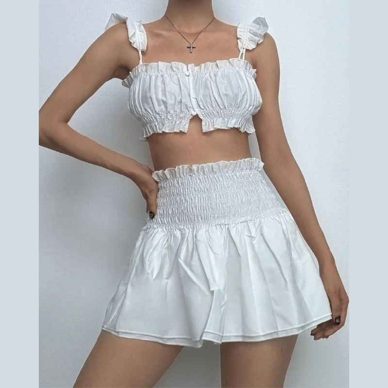 Smocked ruched cap sleeve solid ruffle mini skirt set summer skirt style