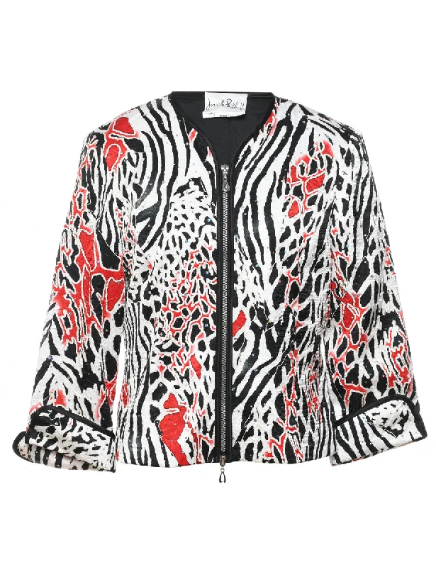 Black, White & Red Abstract Pattern Sparkly Evening Jacket - M Faux Fur Jacket Real Fur Jacket Shearling Jacket