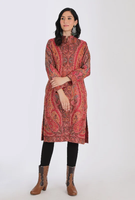 Waheeda vermalion red Kani Jamavar Long Coat Outer Jacket A-Line Jacket Boat Neck Shawl Collar