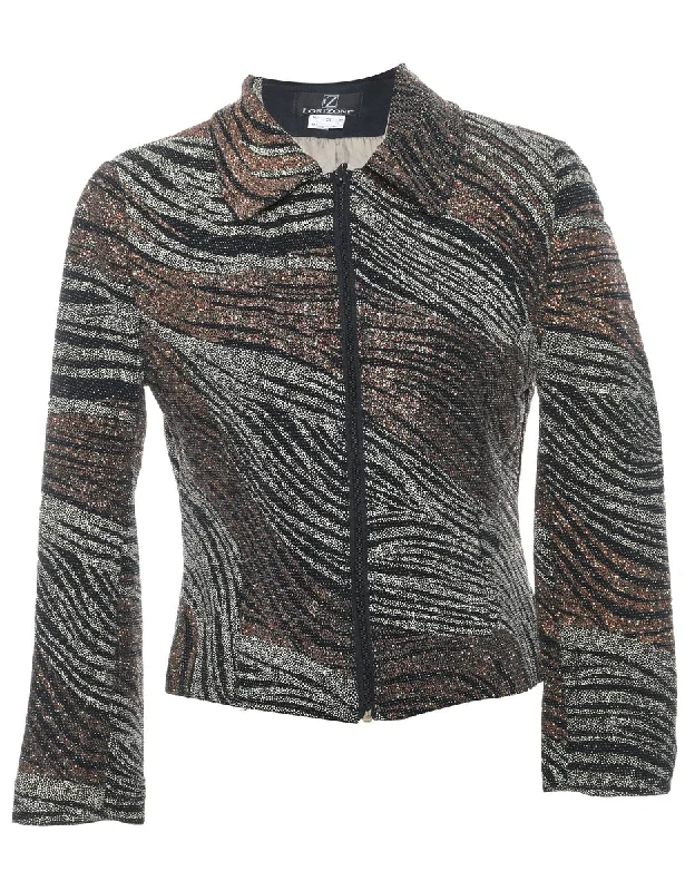 Metallic Finish Zip-Front Abstract Design Evening Jacket - S Elasticated Jacket Padded Jacket Insulated Jacket