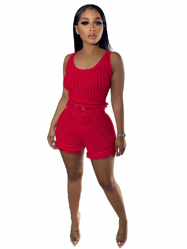 Two Piece Tassel Crop Top & Shorts Cashmere Blend Cotton Blend Poly Blend