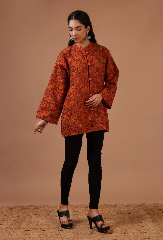 Orange & Multicolor Ari Embroidered Kani Short Jacket Front Pockets Side Pockets Patch Pockets