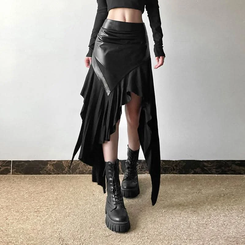 PU leather patchwork irregular midi skirt leather skirt bold