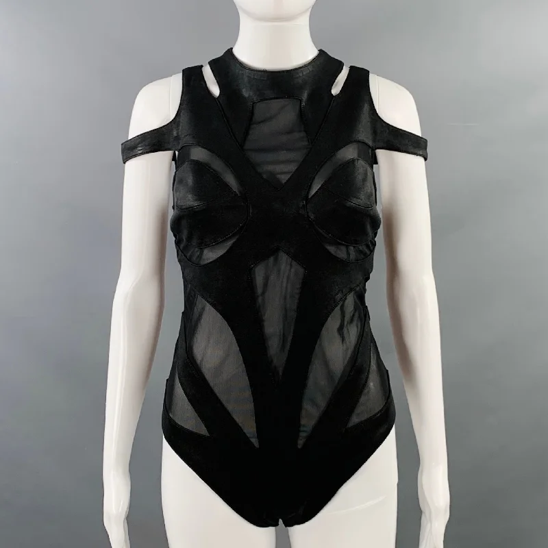 GELAREH Size M Loa Black Cut Out Bodysuit Casual Top Stylish Plunging Neck Bodysuit