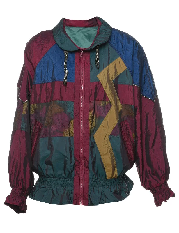 1980s Multi-Colour Zip-Front Jacket - L Notch Collar Peter Pan Collar Cowl Neck