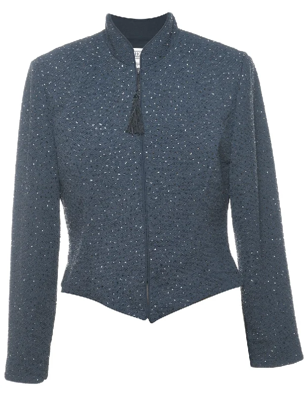 Navy Sparkly Diamanté Detail Zip-Front Evening Jacket - M Lace Jacket Ribbed Jacket Sequined Jacket