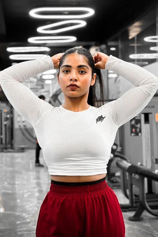 WILD VERVE LIFTING LONG SLEEVE CROP TOP (WHITE) Mesh Blend Leather Blend Suede Blend