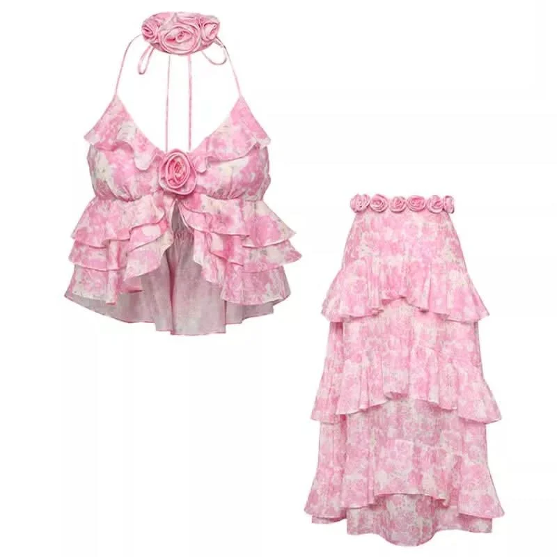 Halter ruffle flower applique slit print maxi skirt set velvet skirt rich