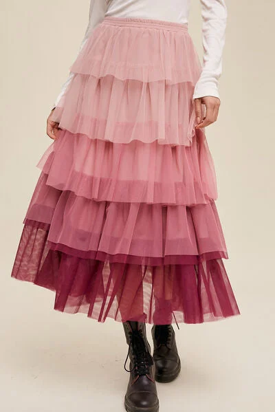 Elastic Waist Layered Tulle Midi Skirt wool skirt breathable