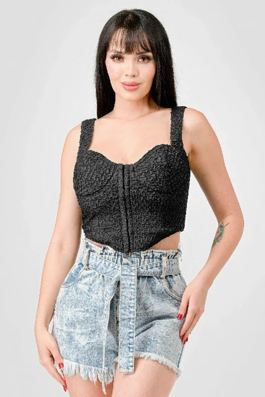 Women's High Fashion Crinkle Stretch Knit Bustier Crop Top Mesh Canvas Denim
