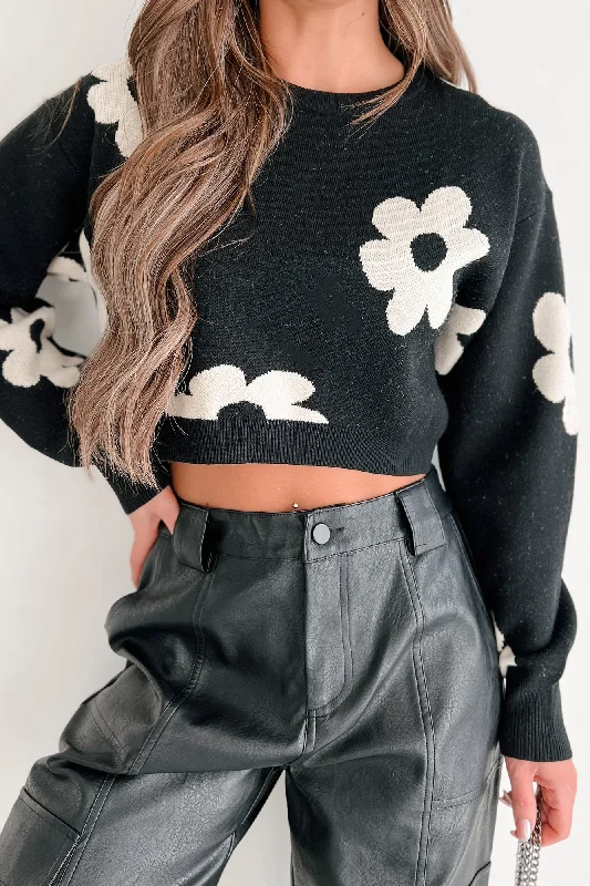 Flower Fever Floral Crop Sweater (Black/Cream)