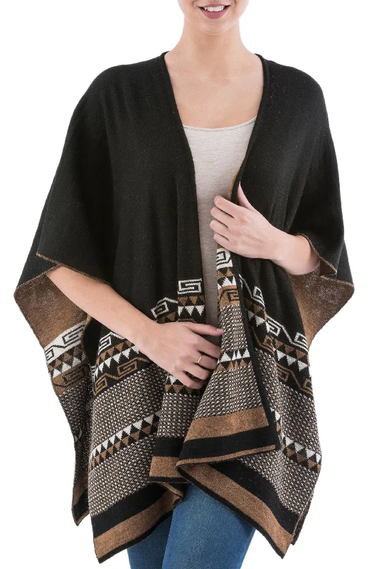 Incan Kingdom in Golden Brown Reversible Alpaca Blend Ruana in Black and Golden Brown