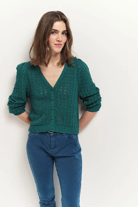 TARRY - Cardigan réversible vert cèdre tricot ajouré