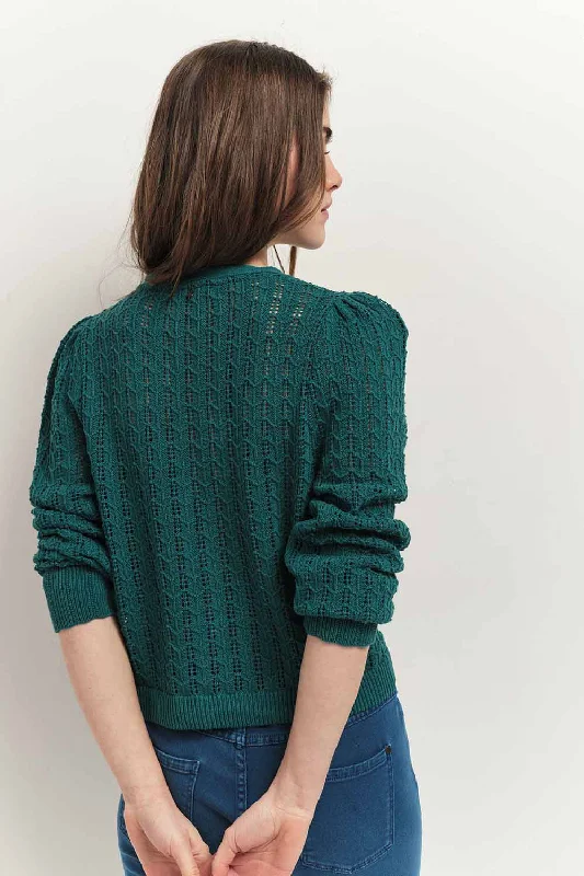 TARRY - Cardigan réversible vert cèdre tricot ajouré