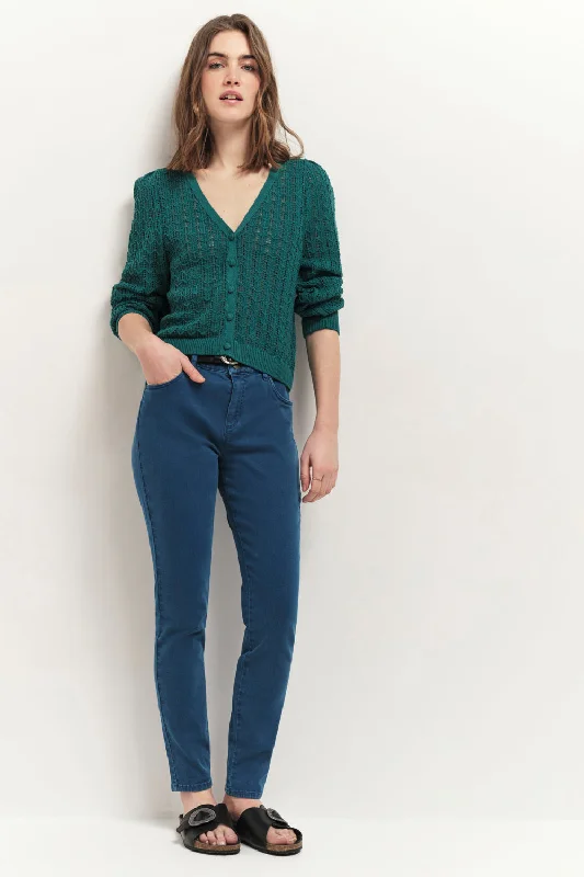 TARRY - Cardigan réversible vert cèdre tricot ajouré