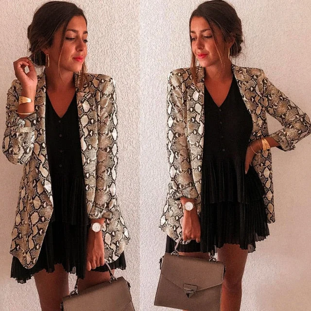 #2019 Women Snake Print Long Sleeve Suit Coat Biker Jacket Outwear Tops women's suit top