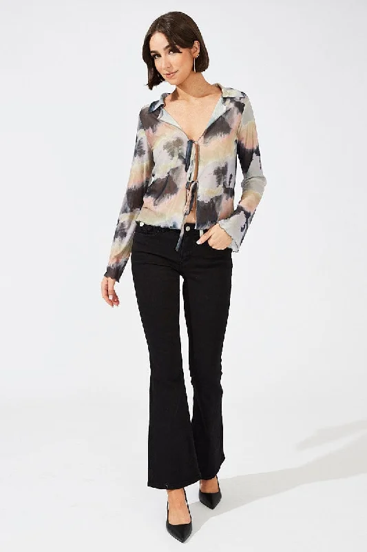 Brown Abstract Mesh Cardigan Long Sleeve