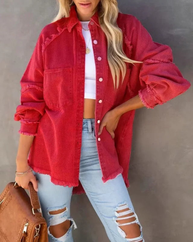 FZ Women's Fringed Ripped Loose Denim Jacket