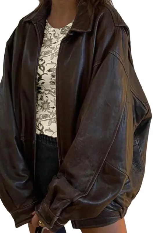 Women's Handmade Oversize Real Leather Distressed Brown Bomber Jacket