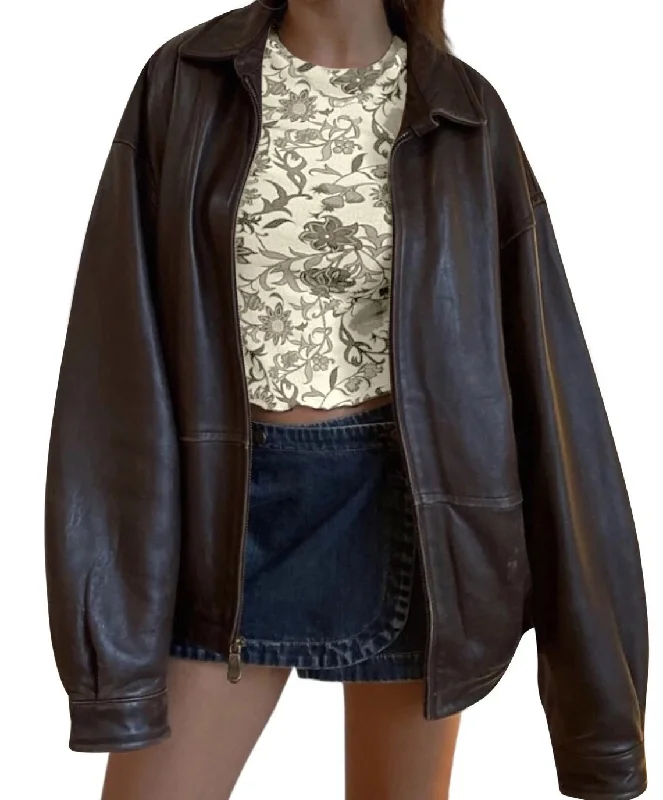 Women's Handmade Oversize Real Leather Distressed Brown Bomber Jacket