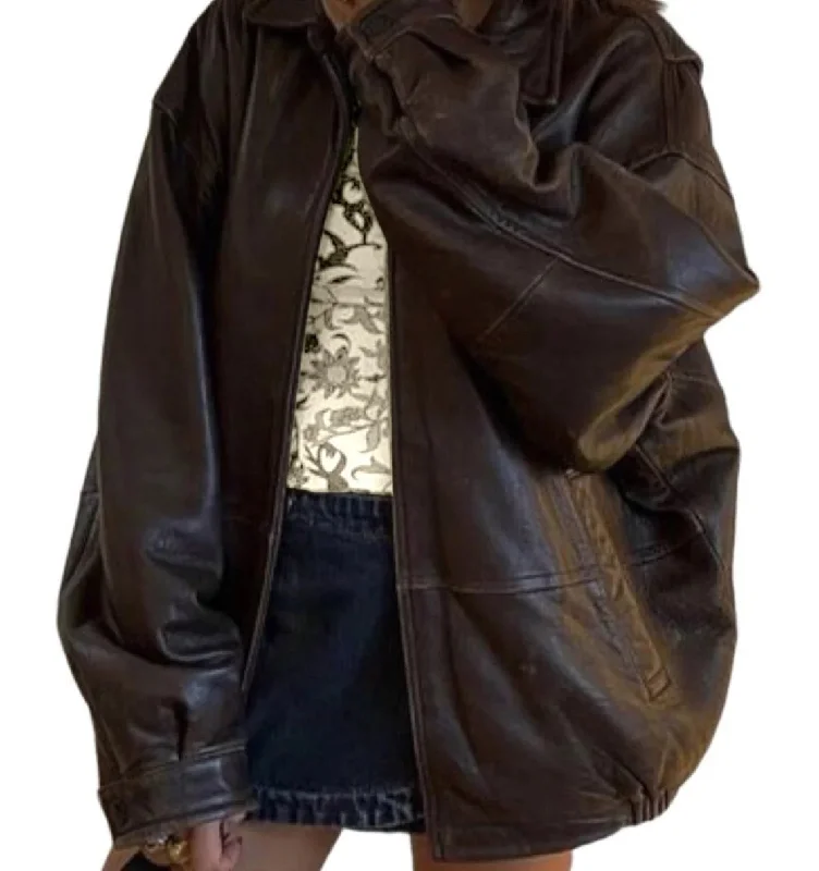 Women's Handmade Oversize Real Leather Distressed Brown Bomber Jacket