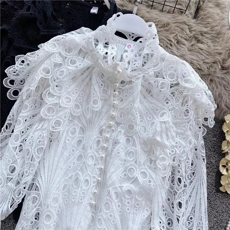 Elegant Lace Bell Sleeve Cardigan Ruffled Long Sleeve Top    S4085